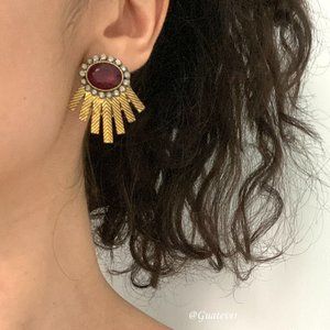 Pair of Brass and Red-Tone Jewel Stud Earrings